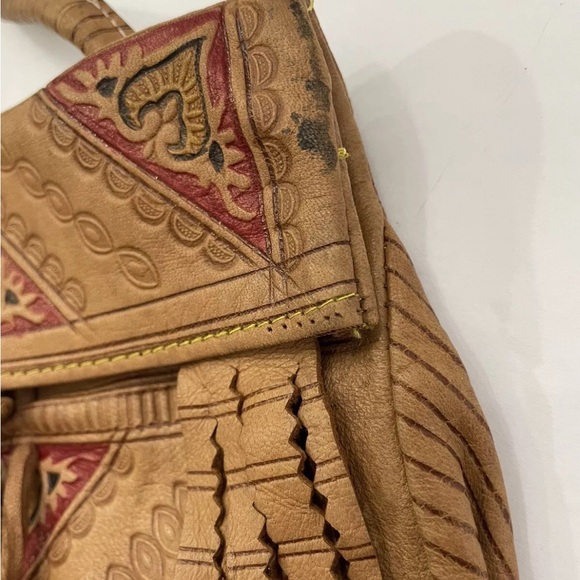 Hippie Boho Y2K Shoulder Bag Purse Fringe Brown Leather Hand Made Painted - Picture 4 of 8